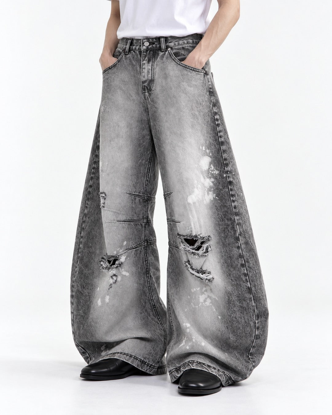 Gray Acid-Wash Ripped Wide-Leg Jeans