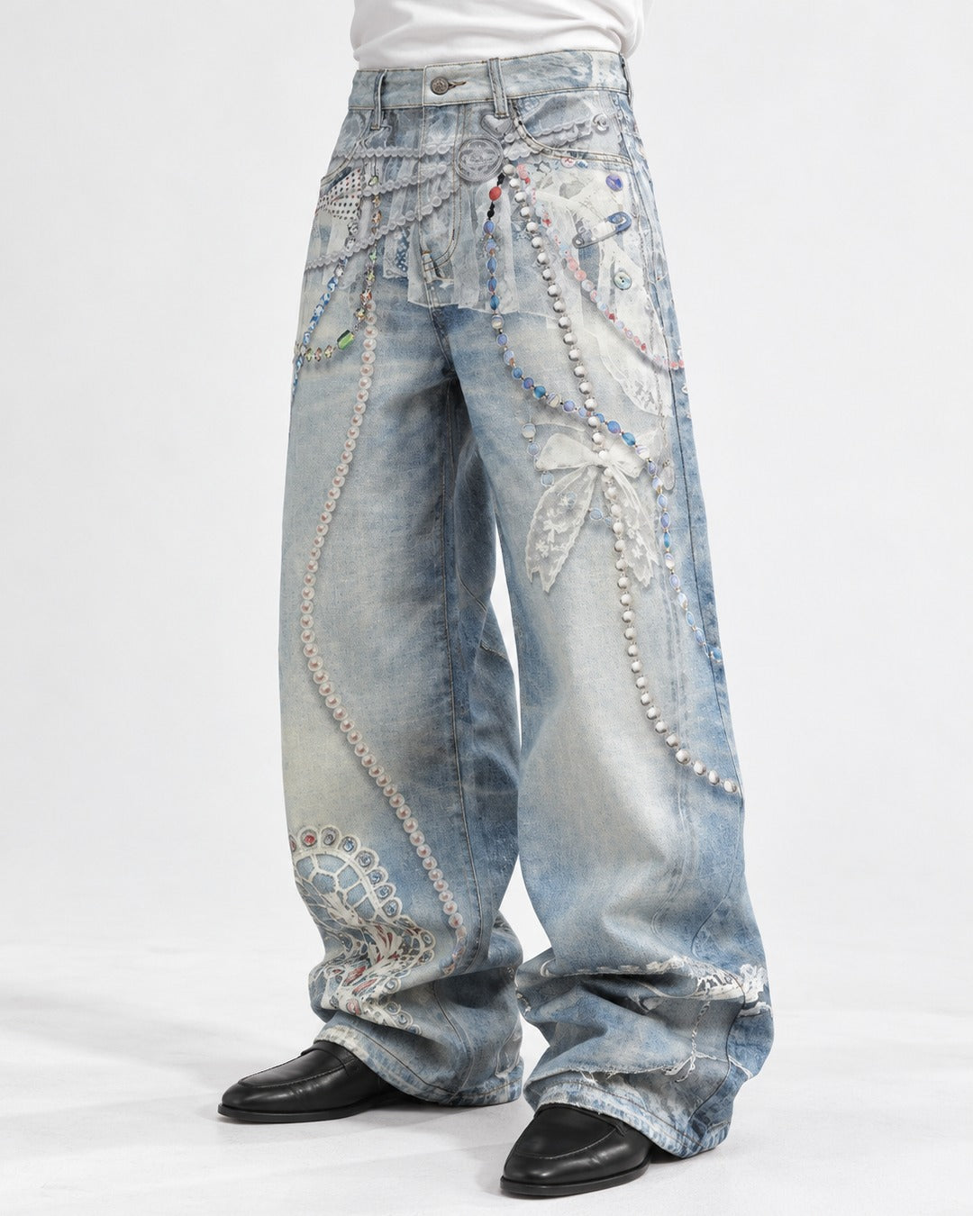 Pearl Chain Lace Print Baggy Jeans