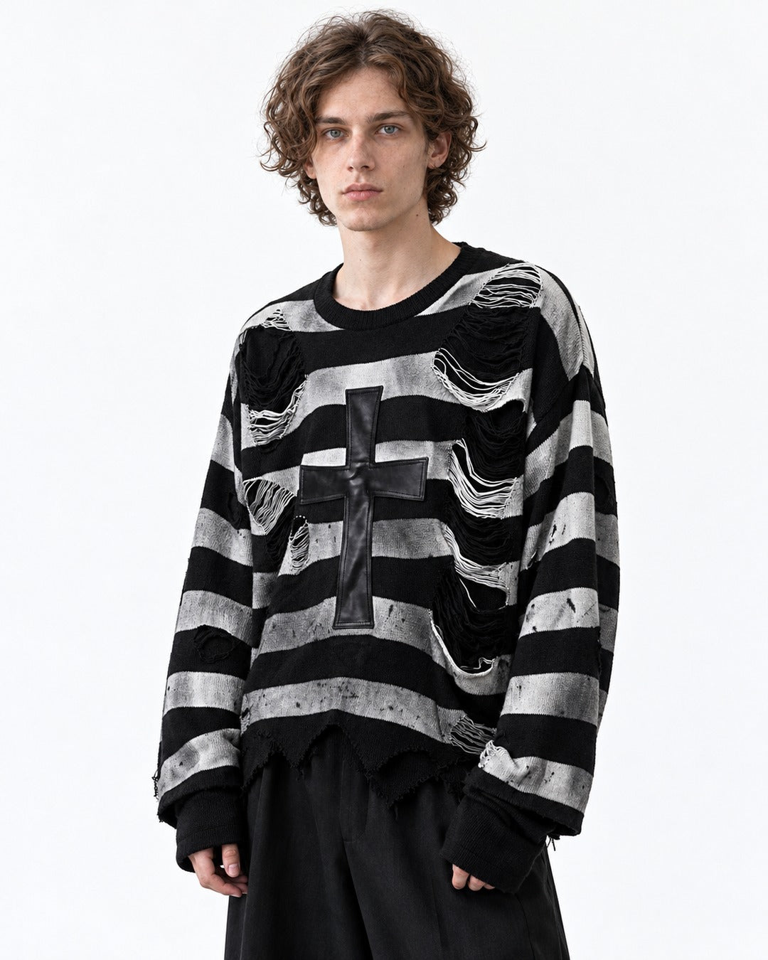 Cross Patch Distressed Stripe Sweater