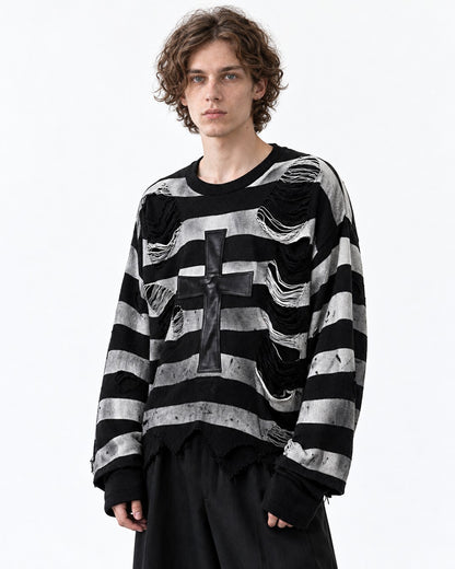 Cross Patch Distressed Stripe Sweater