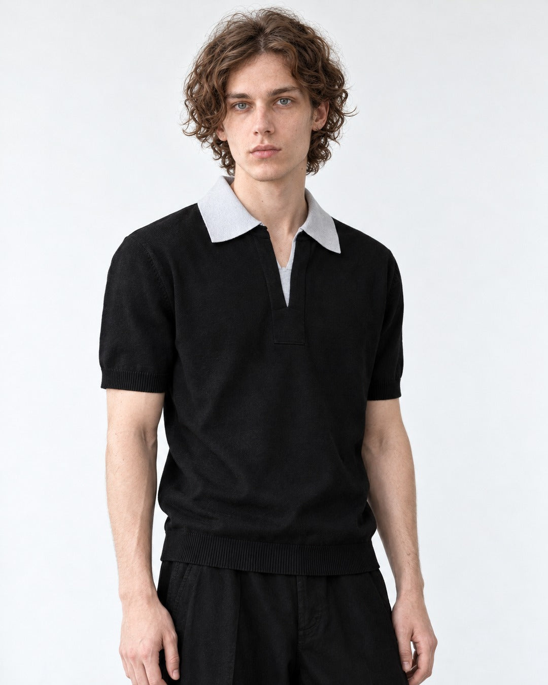 Gray Collar Black Knit Polo Shirt