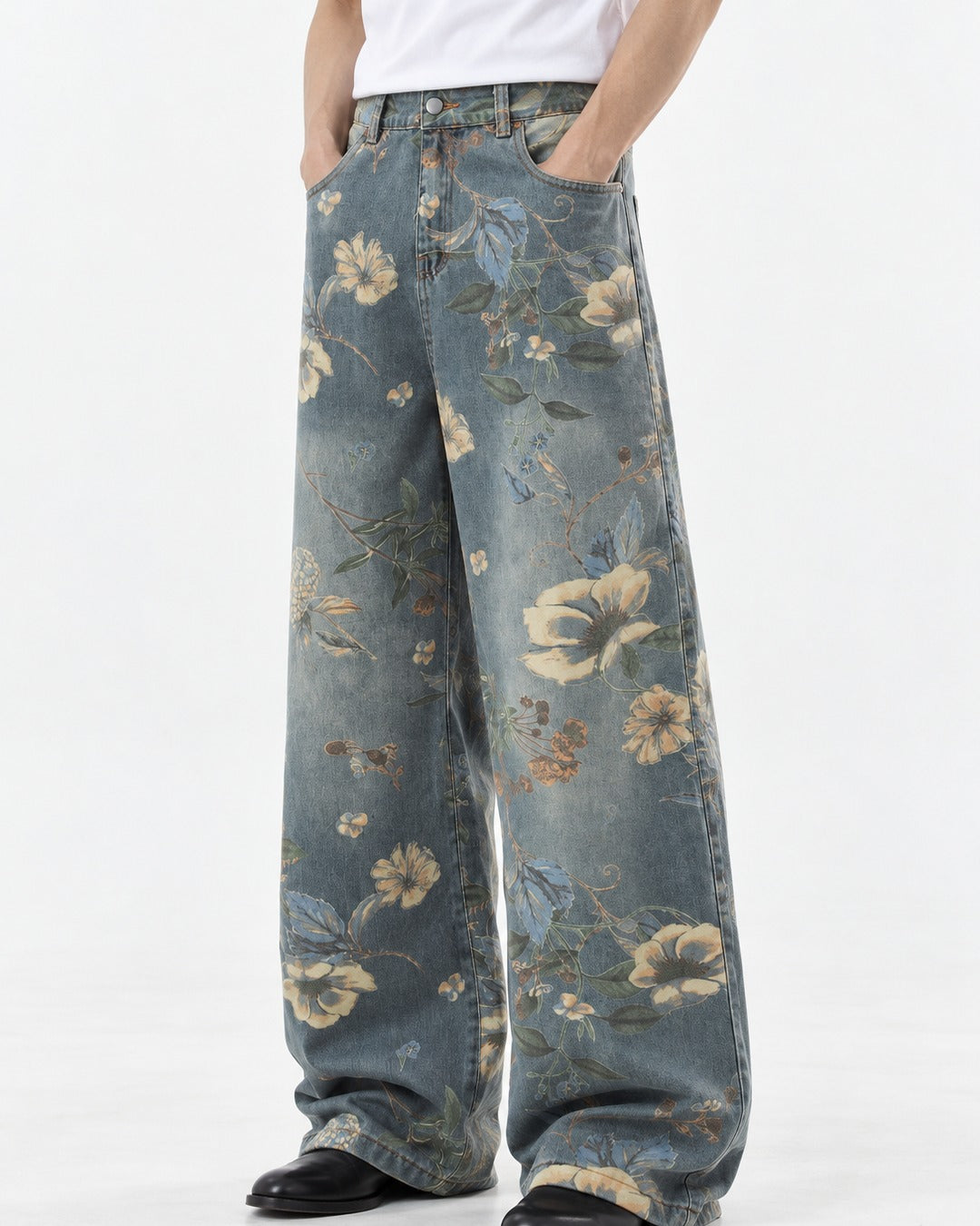 Floral Print Washed Wide-Leg Jeans
