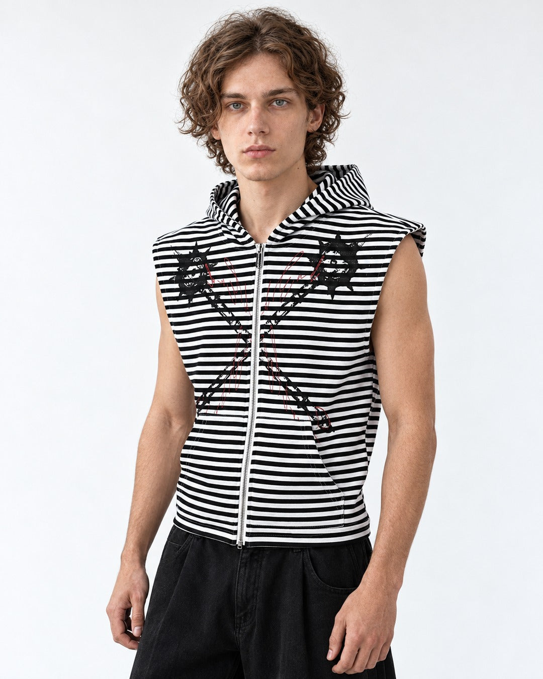 Striped Zip Hooded Vest with Spiked Chain Print