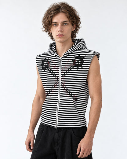 Striped Zip Hooded Vest with Spiked Chain Print