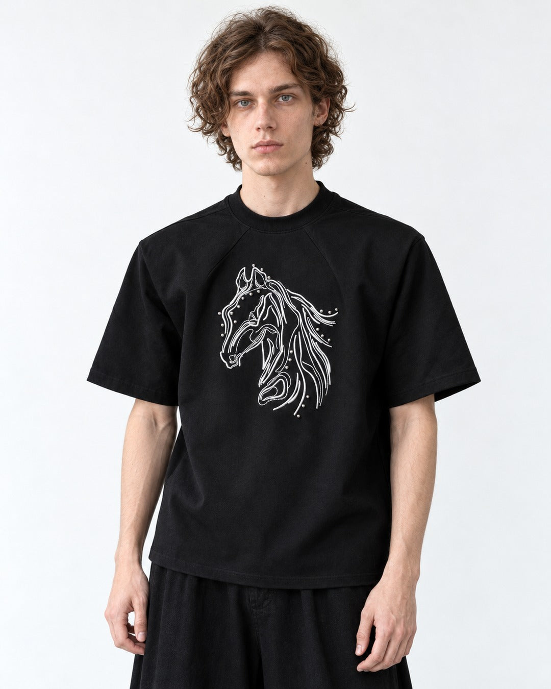 Horse Head Embroidered Mock-Neck T-Shirt