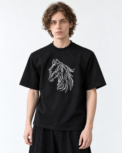 Horse Head Embroidered Mock-Neck T-Shirt