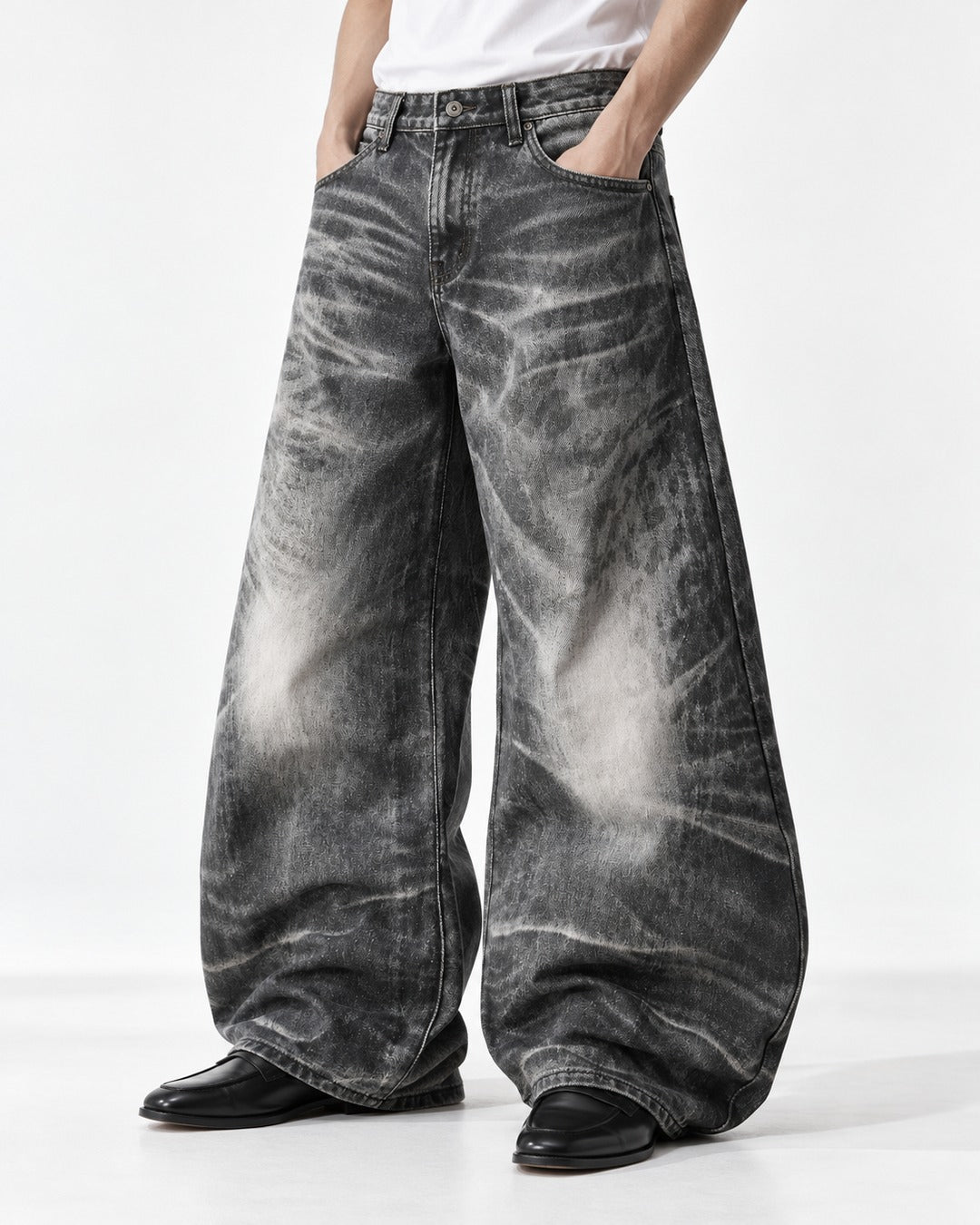 Whiskered Faded Wide-Leg Jeans
