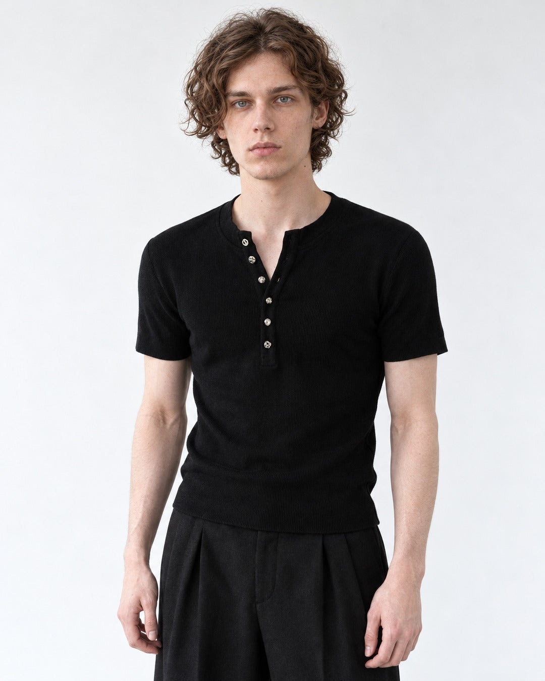 Ribbed Henley Tee with Metal Buttons