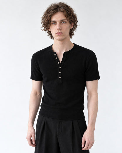 Ribbed Henley Tee with Metal Buttons
