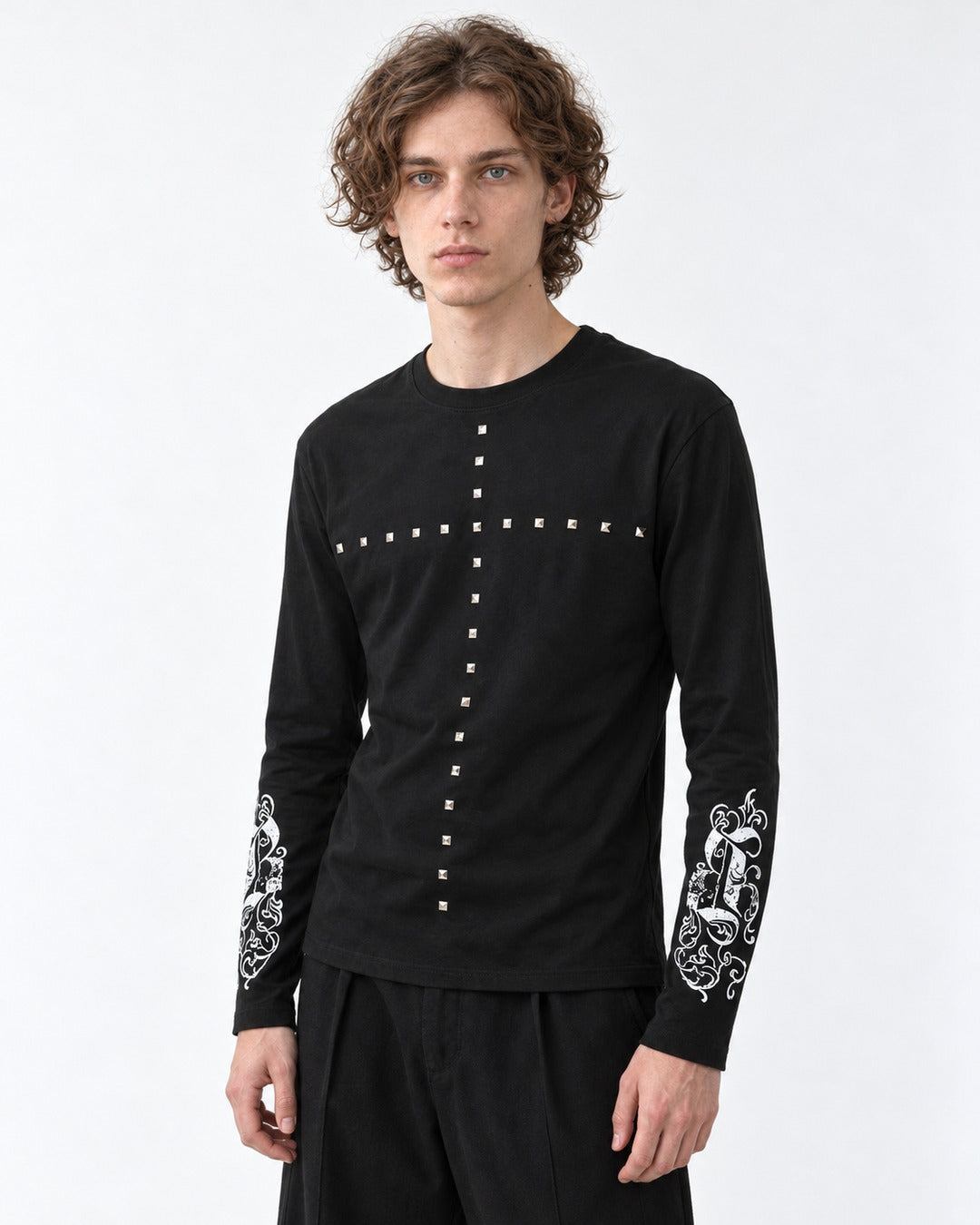 Studded Cross Print Sleeve Long Sleeve Tee