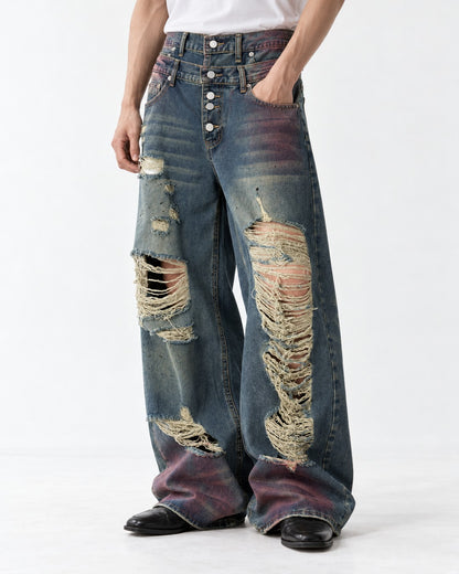 Distressed Double-Waistband Jeans