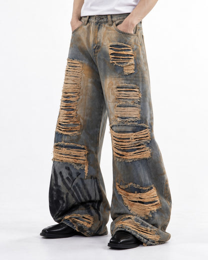 Heavily Distressed Wide-Leg Denim Pants