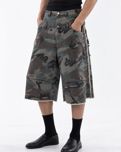 Frayed Camouflage Double Waist Shorts