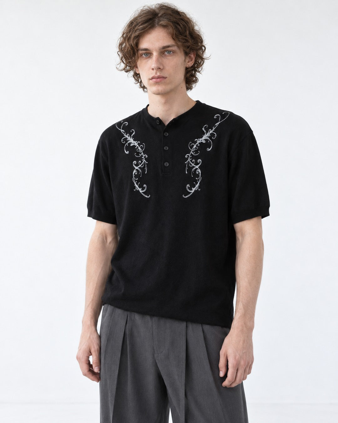 Henley Knit Top with Embroidered Scrollwork