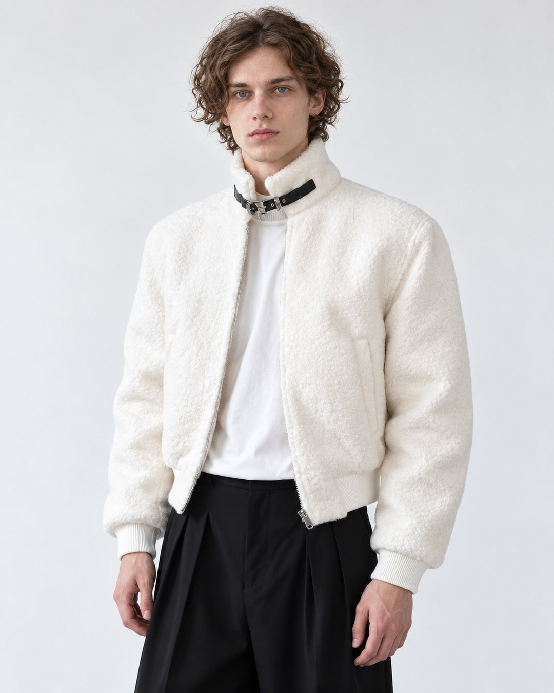 Buckle Strap Stand Collar Teddy Jacket