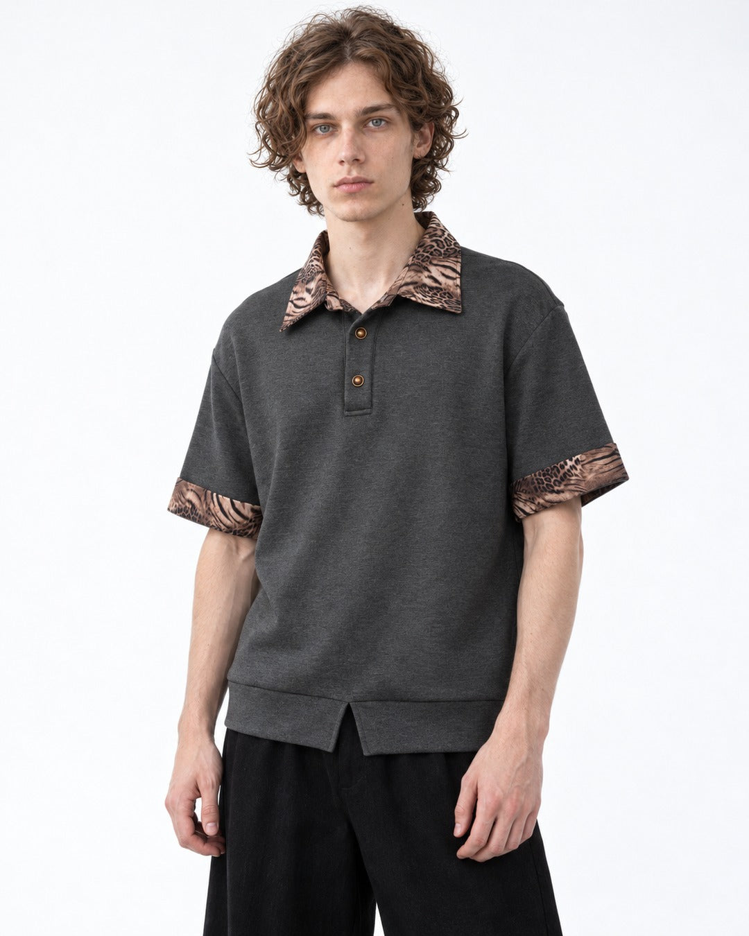 Leopard Print Collar Short Sleeve Polo Top
