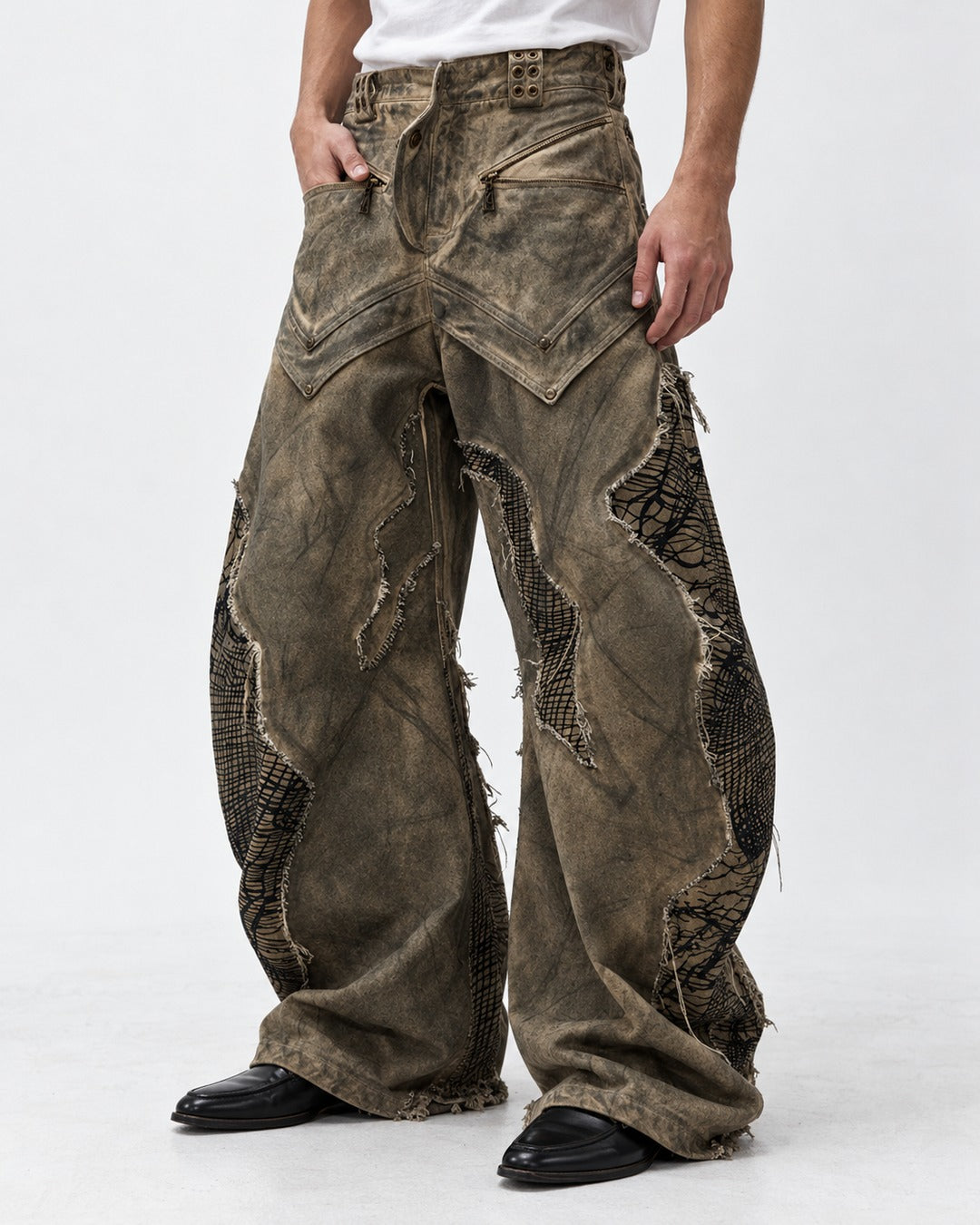 Mud-Dyed Mesh Patch Wide Pants