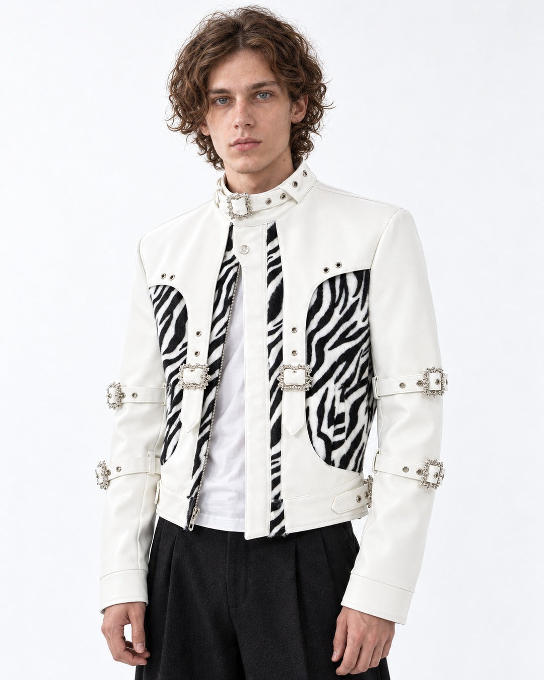 Faux Zebra Print Fur Patchwork Leather Jacket