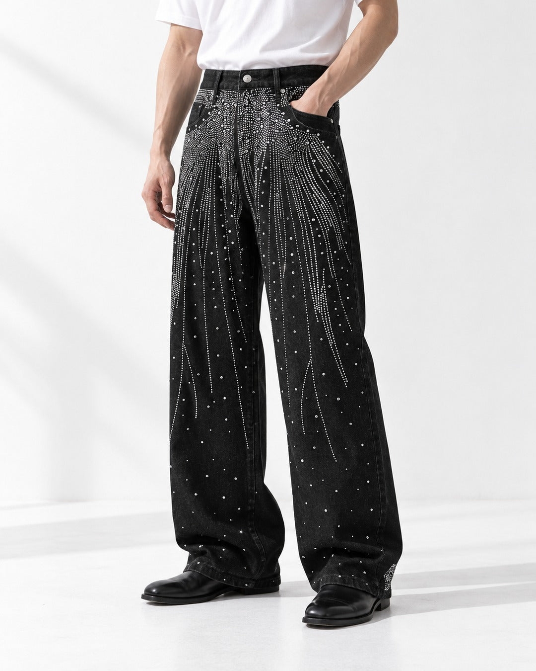 Rhinestone Burst Wide-Leg Black Jeans