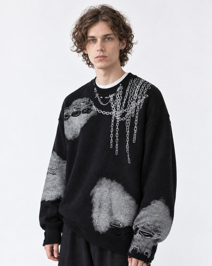 Chain-Print Distressed Sweater