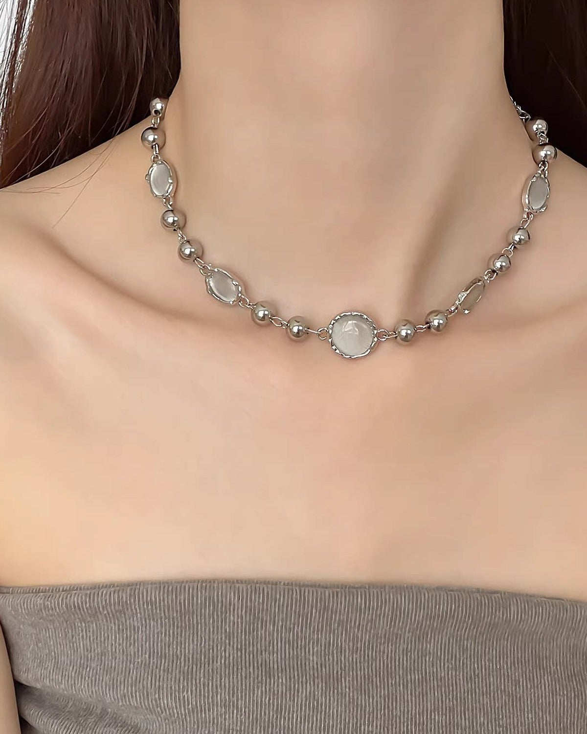 Silver Bead and White Stone Necklace
