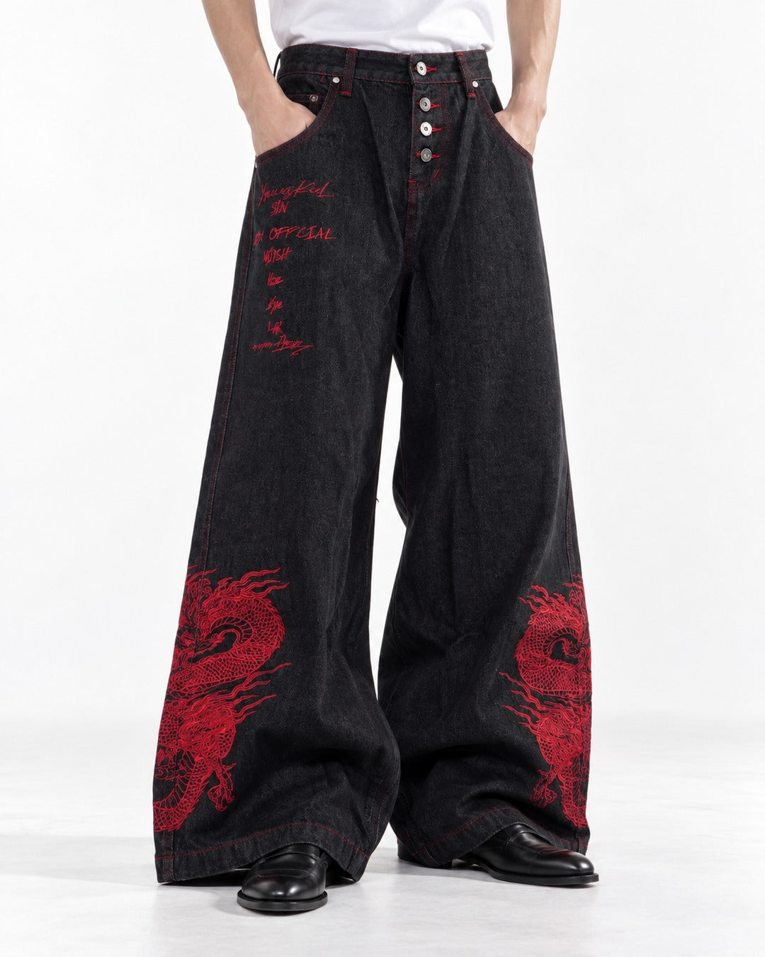 Red Dragon Embroidered Denim Pants