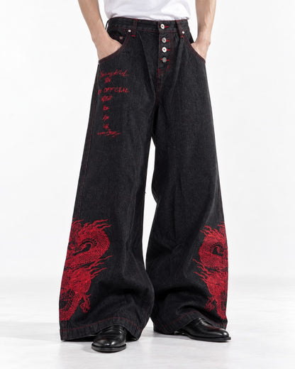 Red Dragon Embroidered Denim Pants