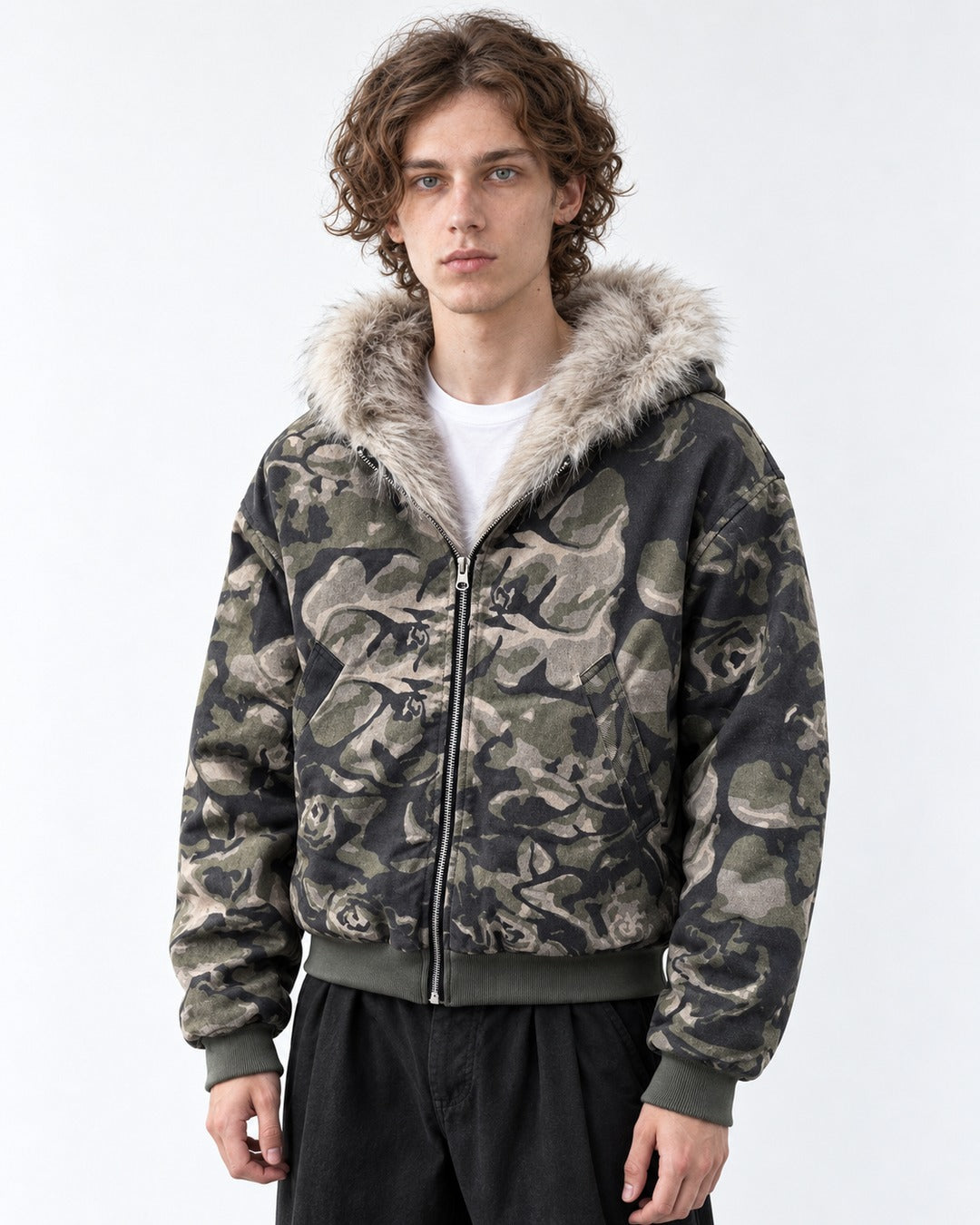 Camouflage Fur-Lined Hooded Bomber Jacket