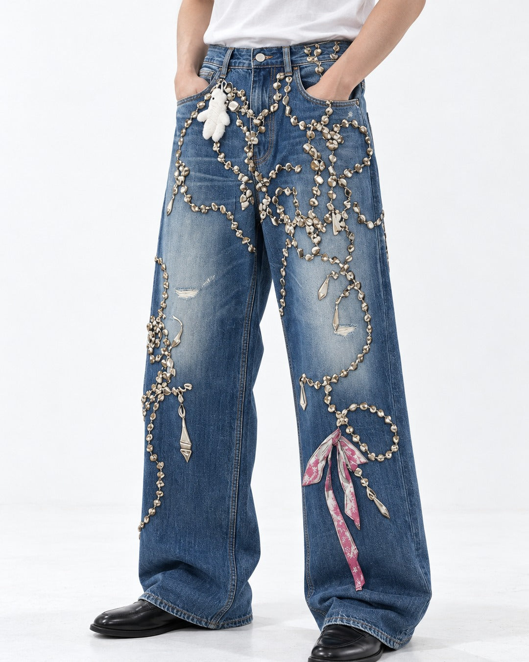 Chain Ribbon Embellished Jeans
