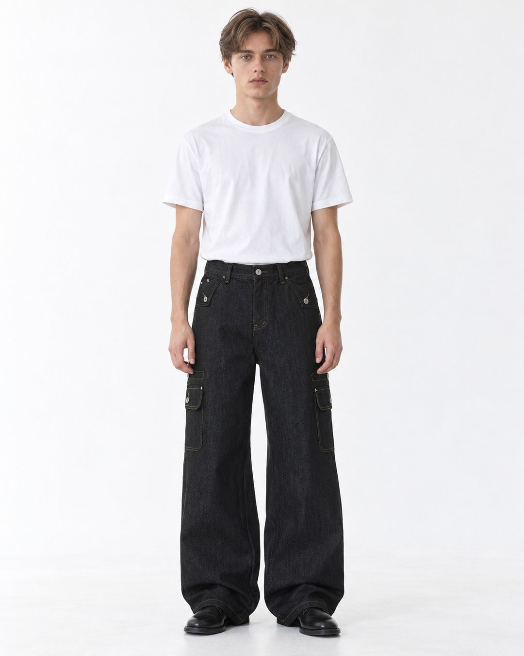 Contrast-Stitch Flap-Pocket Straight-Leg Jeans