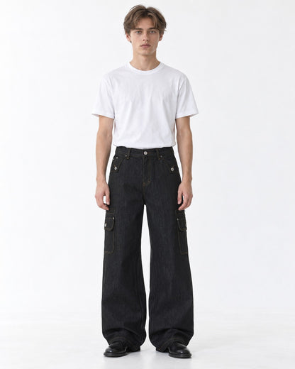 Contrast-Stitch Flap-Pocket Straight-Leg Jeans