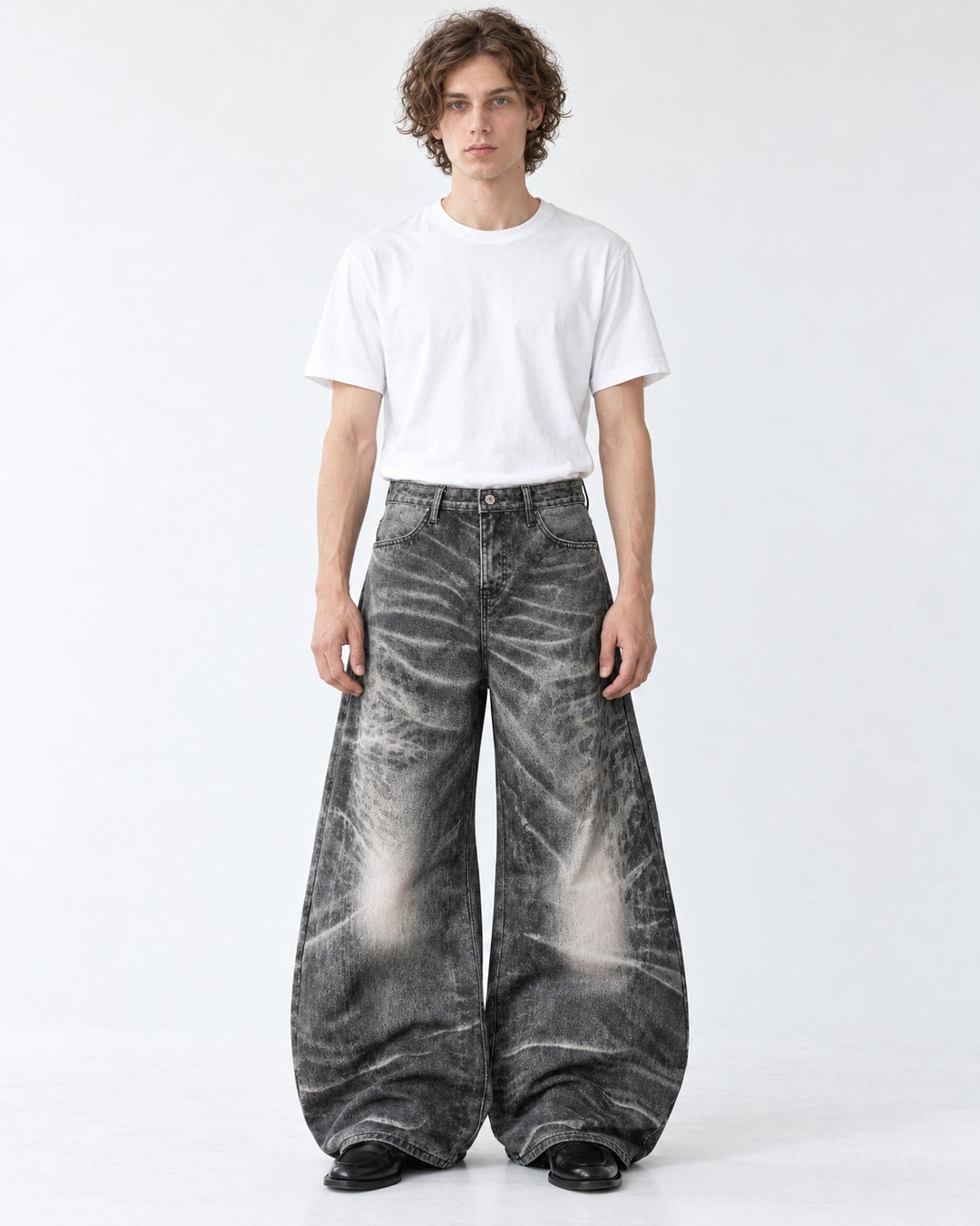 Whiskered Faded Wide-Leg Jeans