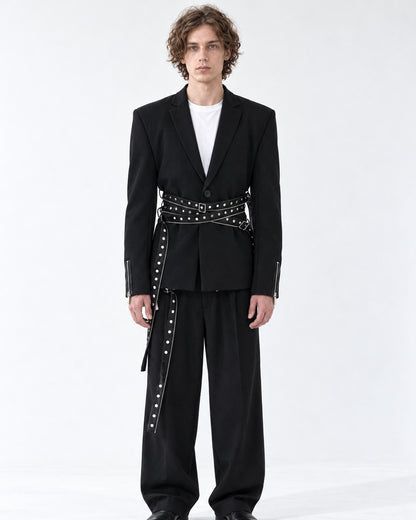 Black Rivet Strap Blazer Jacket and Pants Set-Up