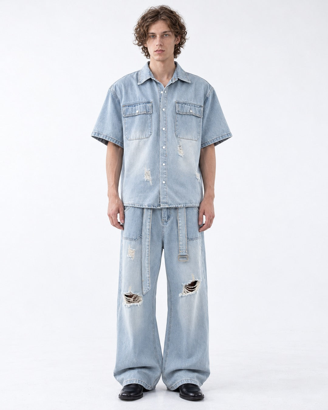 Faded Denim Shirt and Ripped Wide-Leg Jeans Set-Up