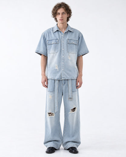 Faded Denim Shirt and Ripped Wide-Leg Jeans Set-Up