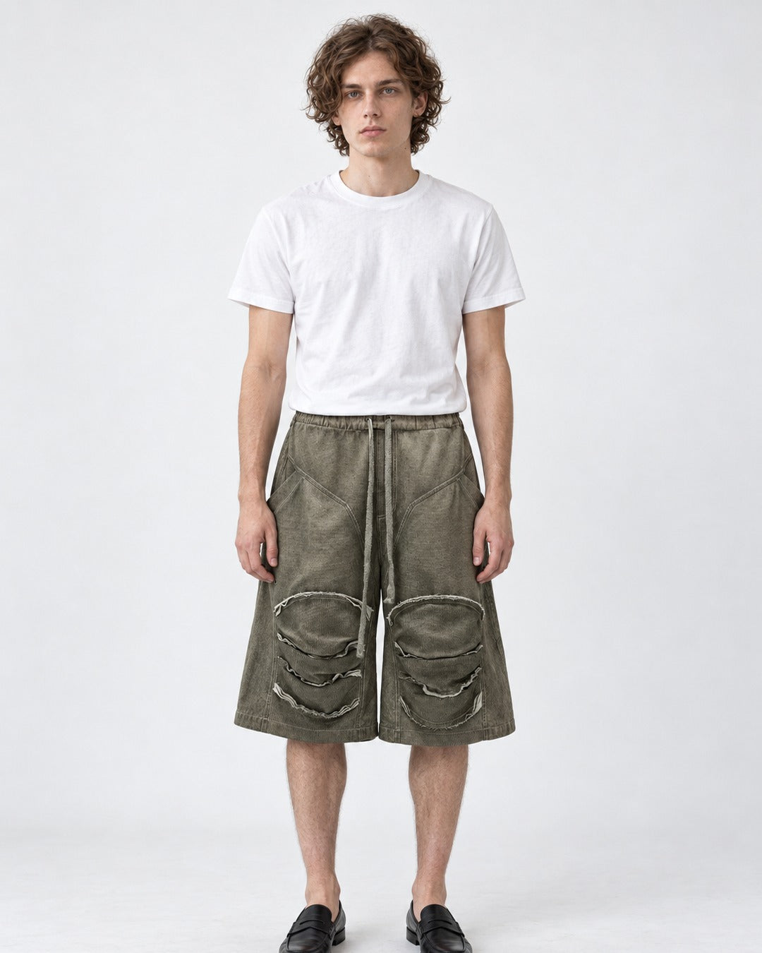 Raw Edge Knee Patch Drawstring Shorts