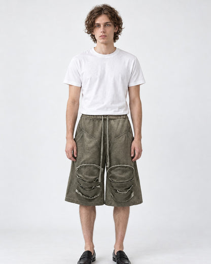 Raw Edge Knee Patch Drawstring Shorts