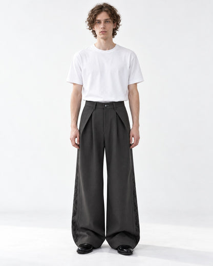 Pleated Wide-Leg Trousers with Side Embroidery