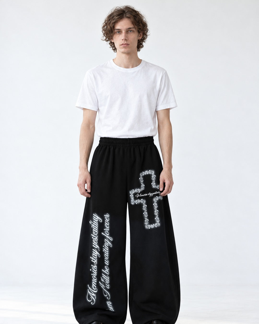Cross Script Print Wide Sweatpants