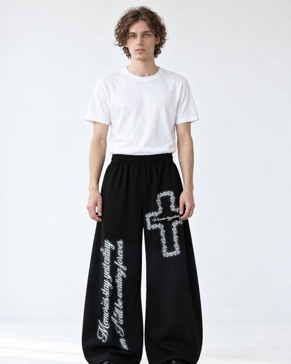 Cross Script Print Wide Sweatpants