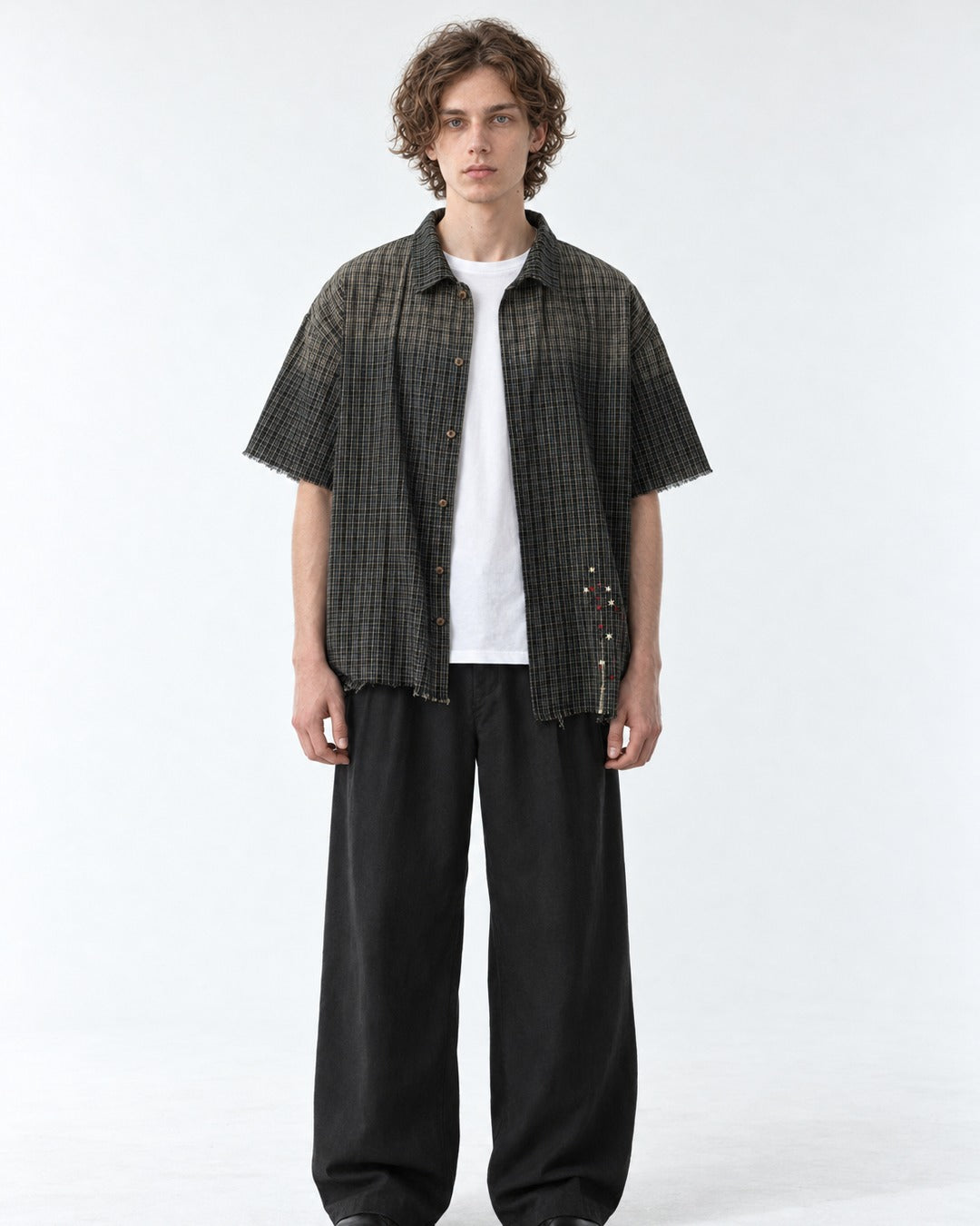 Frayed Hem Faded Plaid Short Sleeve Shirt