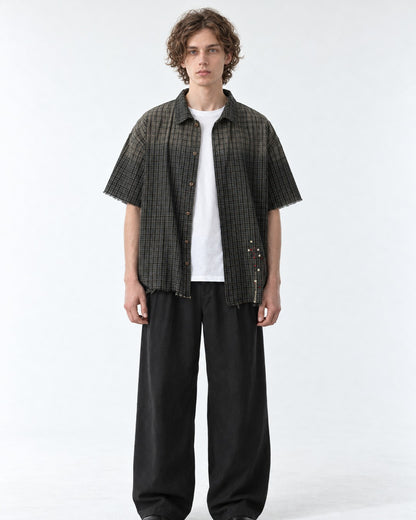 Frayed Hem Faded Plaid Short Sleeve Shirt