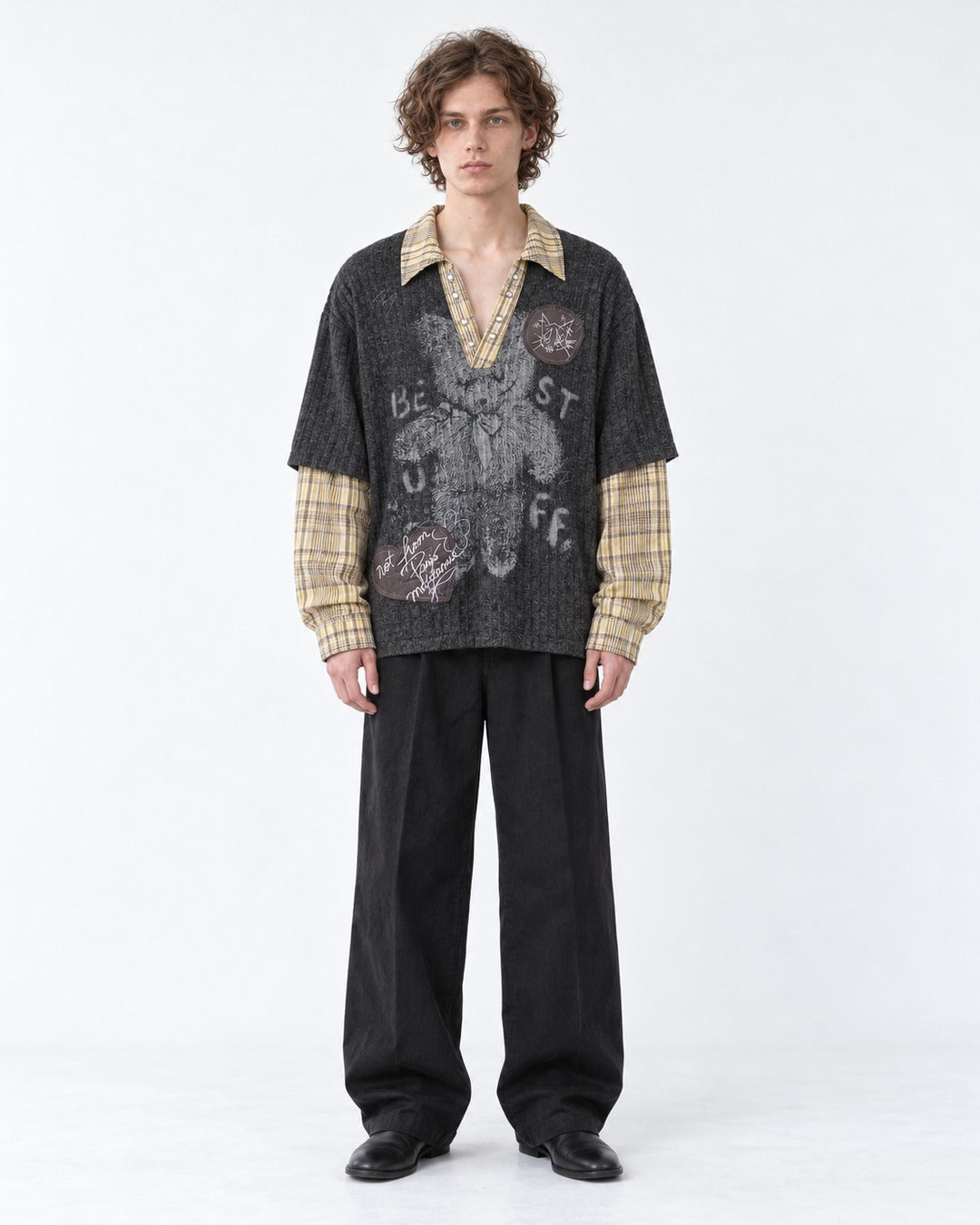 Layered Plaid-Trim Bear Graphic Knit Top