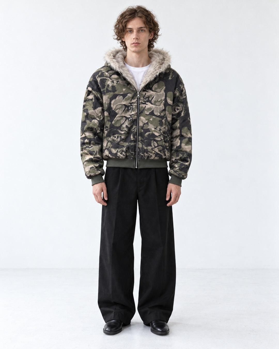 Camouflage Fur-Lined Hooded Bomber Jacket