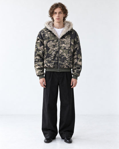 Camouflage Fur-Lined Hooded Bomber Jacket