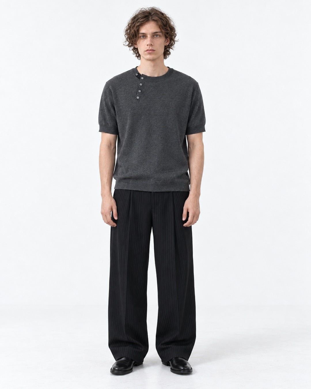 Diagonal-Button Henley Knit Top