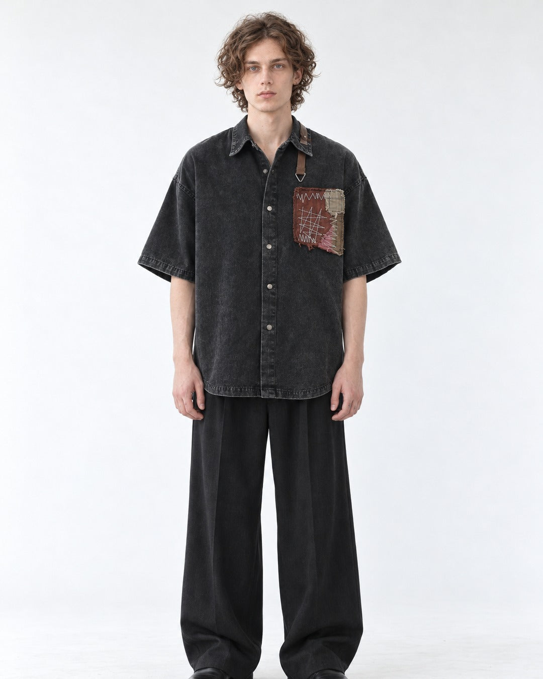 Washed Denim Patchwork Short-Sleeve Shirt