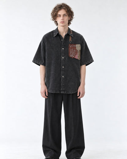 Washed Denim Patchwork Short-Sleeve Shirt