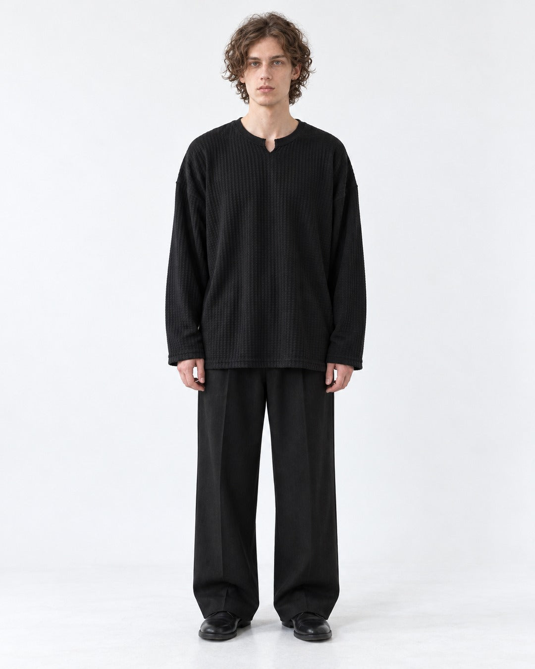 Notched Collar Waffle Knit Tee