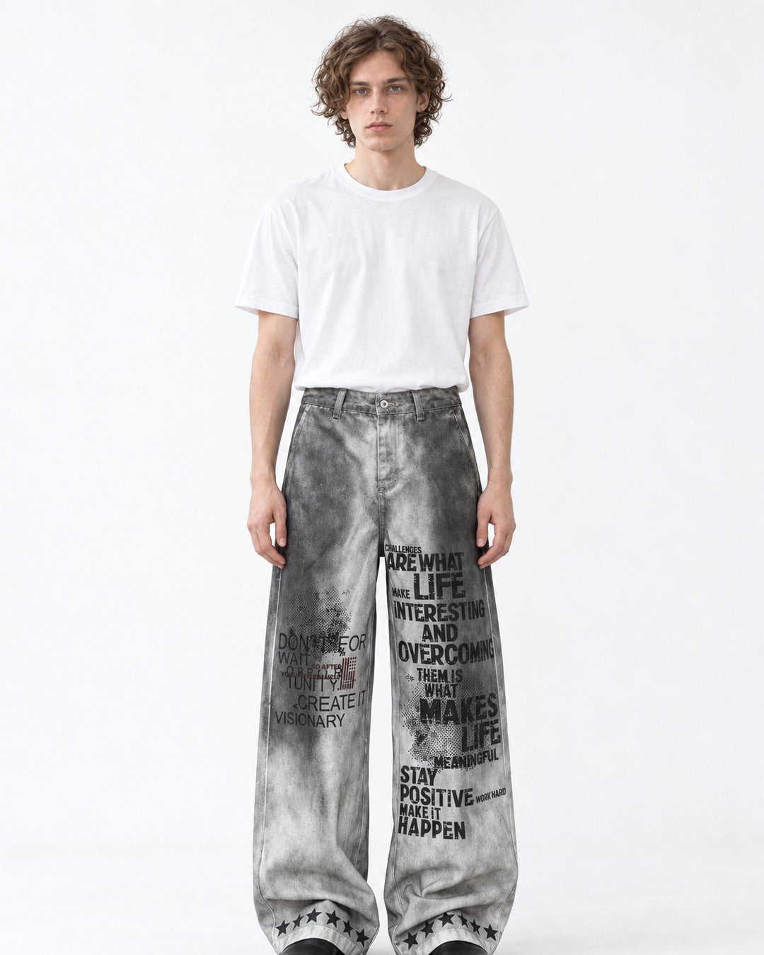 Gray Gradient Slogan Print Wide Pants